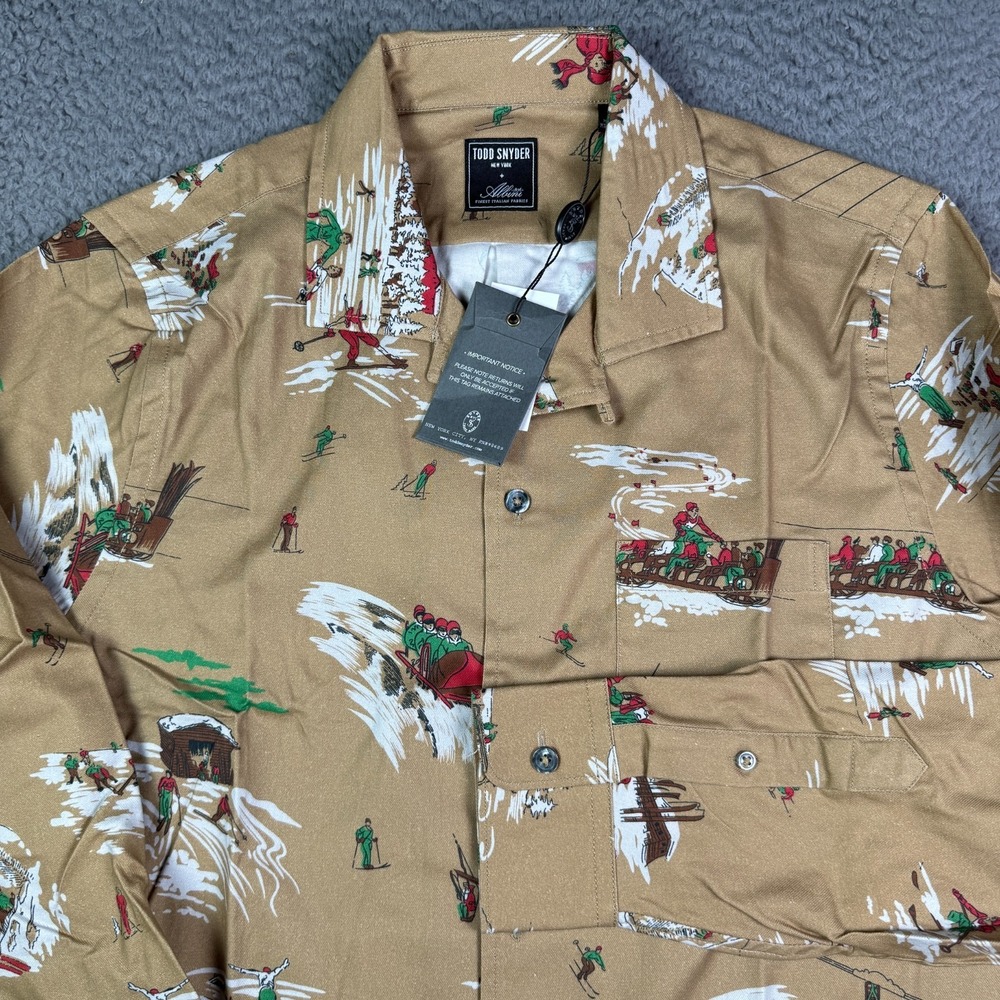 Todd Snyder Albini Vintage Sled Print Flannel Shirt Mens M Tan Camp Loop Collar